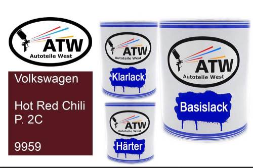 Volkswagen, Hot Red Chili P. 2C, 9959: 1L Lackdose + 1L Klarlack + 500ml Härter - Set, von ATW Autoteile West.
